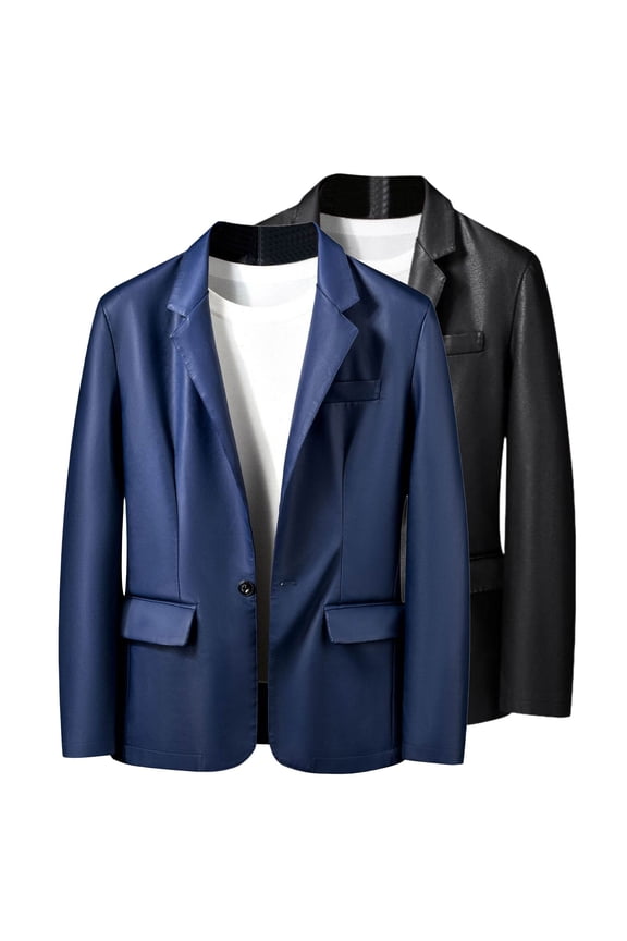 Mens Faux Leather Blazers Notched Lapel One Button Stylish Sport Coats Regular Fit Business Work Suit Jacket Blue L