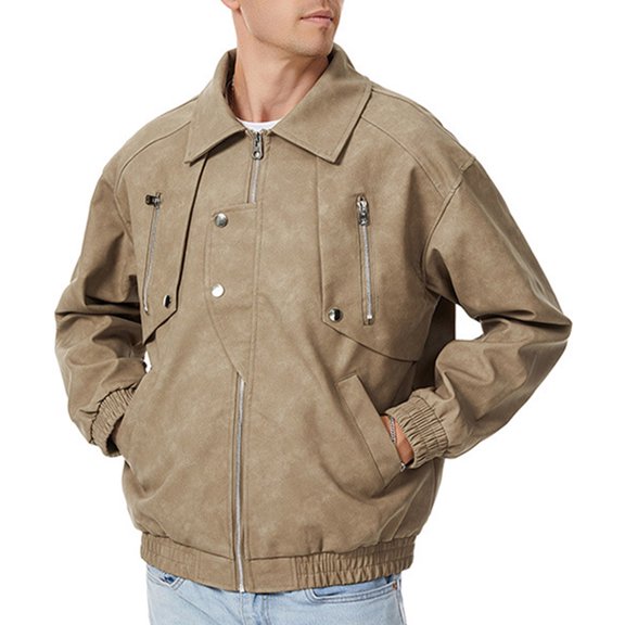 BiZtdJrK Mens Faux Leather Jacket Casual Stand Collar Biker Coats Big and Tall Motorcycle Jacket Zip up Steampunk Trench Coat Khaki,XXXL