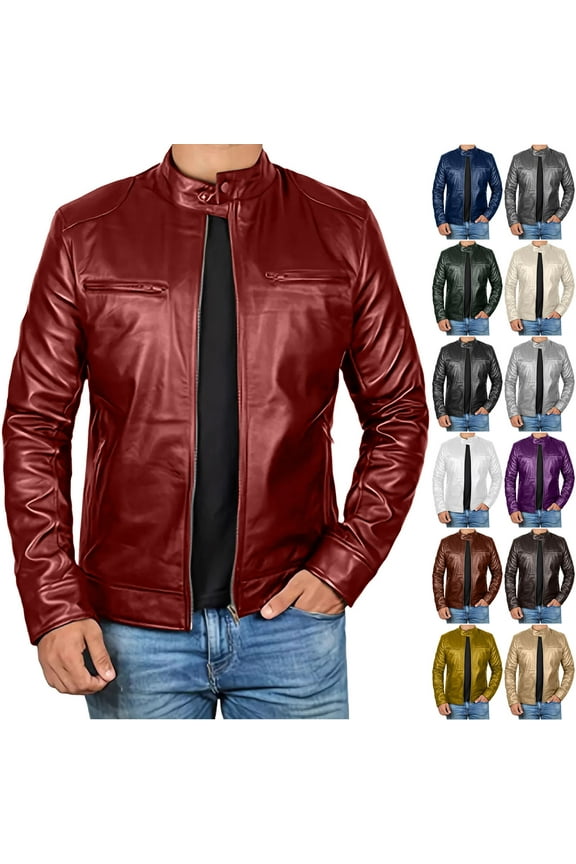 BiZtdJrK Mens Faux Leather Jacket Stand Collar Motorcycle Leather Jackets Casual Zip Up Long Sleeve Biker Coat Streetwear, Wine, XXL