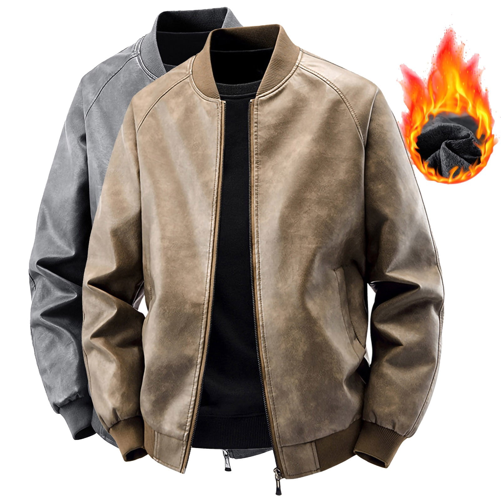 BiZtdJrK Mens Fleece Lined Bomber Jacket Faux Leather Jackets Stylish Casual Zip Up Jacket Warm Winter Coat with Pockets Gray M