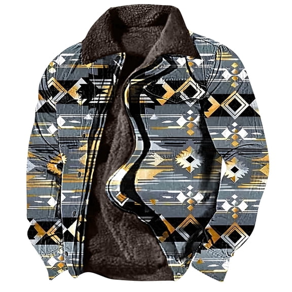 BiZtdJrK Mens Fleece Lined Jackets Vintage Aztec Cowboy Jacket Ethnic Print Long Sleeve Warm Coat Soft Comfy Jacket with Pockets 50 Percent Off Sales Today Gold L