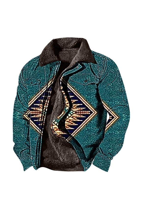 Mens Fleece Lined Jackets Vintage Aztec Cowboy Jacket Ethnic Print Long Sleeve Warm Coat Soft Comfy Jacket with Pockets Daily Sales Clearance Navy XXXL