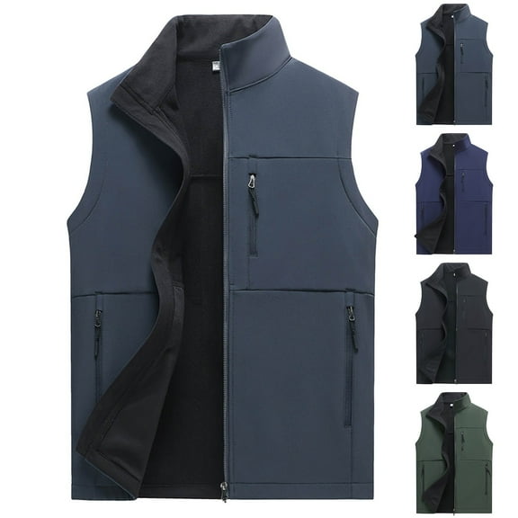 BiZtdJrK Mens Fleece Lined Outdoor Vest Big and Tall Zip Up Sleeveless Fall Winter Jackets Stand Collar Photograph Travel Vests with Zipper Pockets Blue L
