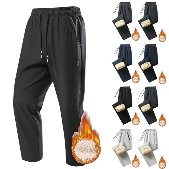 BiZtdJrK Mens Fleece Lined Pants Winter Fleece Straight Leg Sweatpants Solid Color Lounge Trousers with Pockets, Black, XS