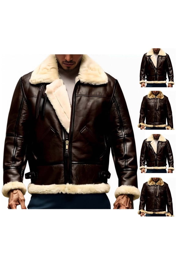 BiZtdJrK Mens Fleece Lined Sherpa Leather Jacket Zip Up Warm Fur Shearling Winter Coats Solid Color Casual Bomber Outwear with Pockets, Coffee, XXL