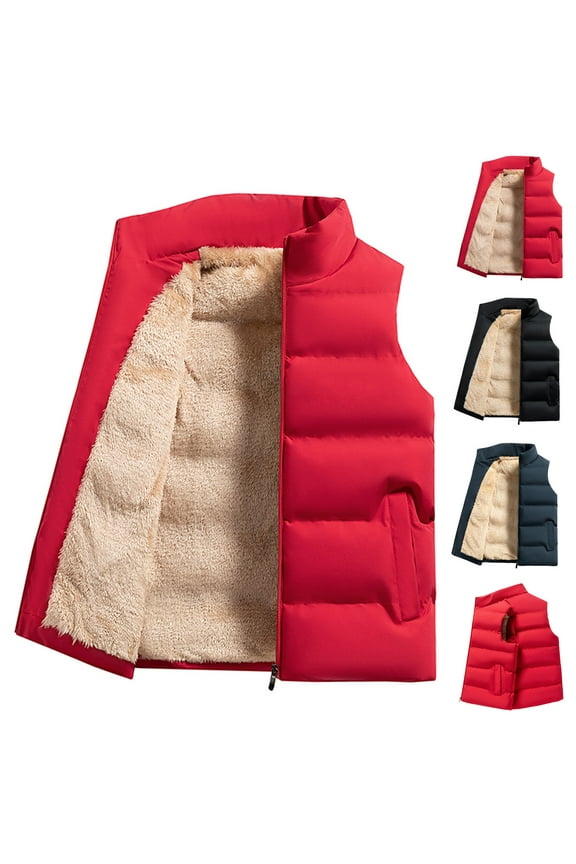 Mens Fleece Lined Vest Big and Tall Winter Warm Stand Collar Sleeveless Vests Casual Lightweight Puffer Vest with Pockets 50% Percent Off Sales Today Red L