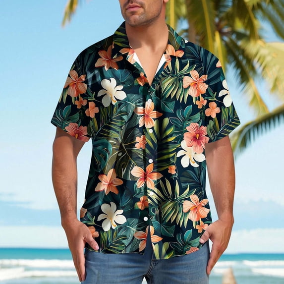BiZtdJrK Mens Floral Shirts Big and Tall Short Sleeve Button Down Hawaiian Shirt Lightweight Breathable Travel Vacation Shirts Army Green L