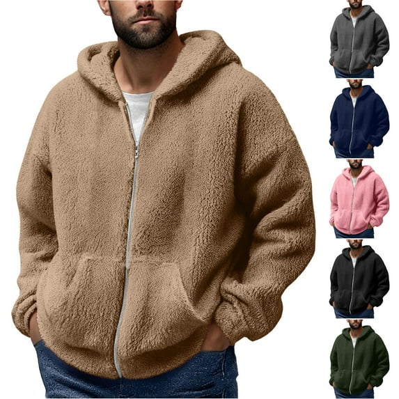 BiZtdJrK Mens Fuzzy Sherpa Jacket Fleece Long Sleeve Full-Zip Hooded Sweatshirts Casual Warm Winter Jacket Coats with Pockets, Coffee, XXXL
