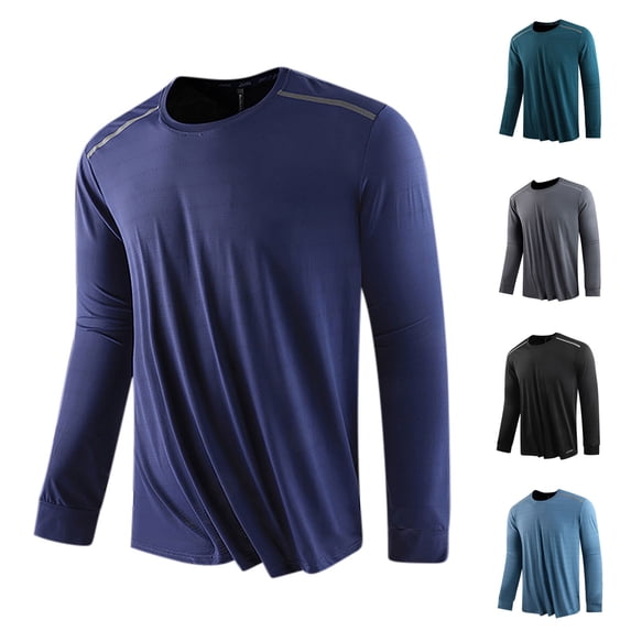 BiZtdJrK Men's Solid Color Round Neck Rash Guard Swim Fishing Sun Shirts Long Sleeve Sun Protection Shirts Workout Tops, Navy, XXL