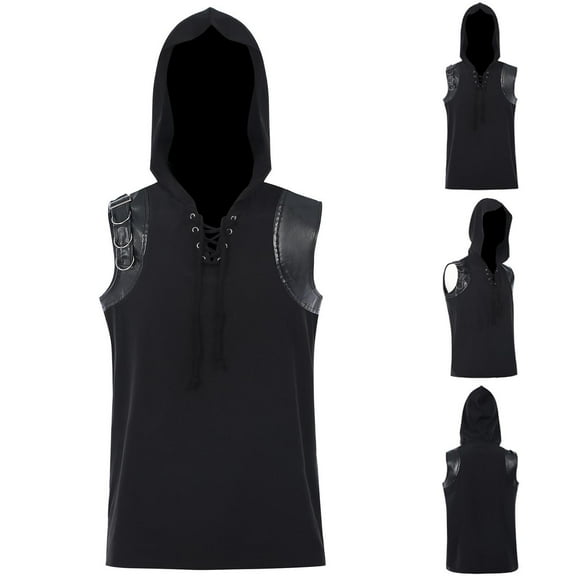 BiZtdJrK Mens Gothic Steampunk Hooded Tank Tops Renaissance Sleeveless Pirate Hoodie Halloween Cosplay Costume, Black, L