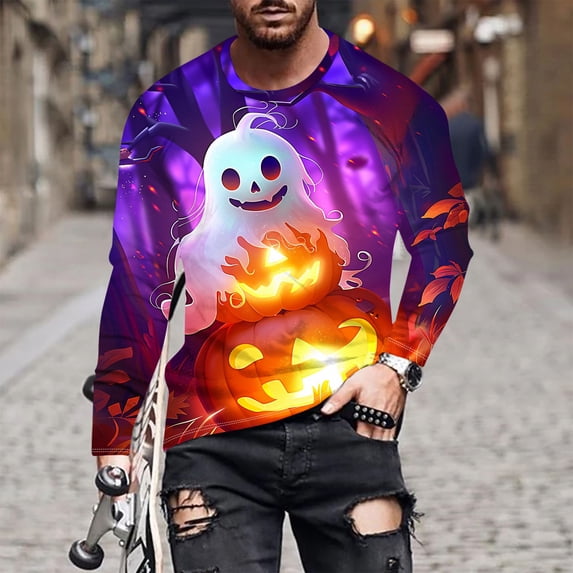 BiZtdJrK Mens Graphic Print T-Shirts Halloween Long Sleeve Novelty Holiday Pullover Tops Big and Tall Cool Costume Tees Top Multicolor XXXXL