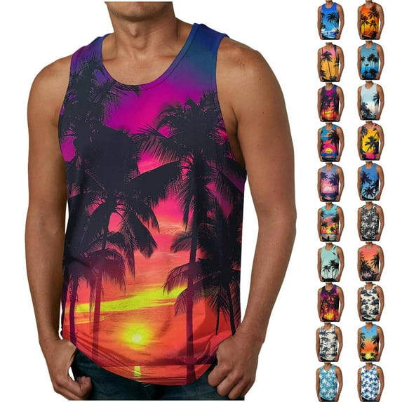 BiZtdJrK Mens Graphic Tank Tops Summer Sleeveless Muscle Fit Shirts Beach Hawaiian Palm Tree Gym Workout Tanks Multicolor M