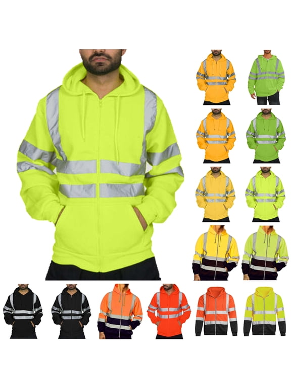 Mens High Visibility Jackets Lightweight Zip Up Hoodies Hi-Vis Safety Hoodie Drawstring Pullover Sweatshirt Reflective Construction Work Jacket with Pockets Hoy Oferta Flash Yellow L