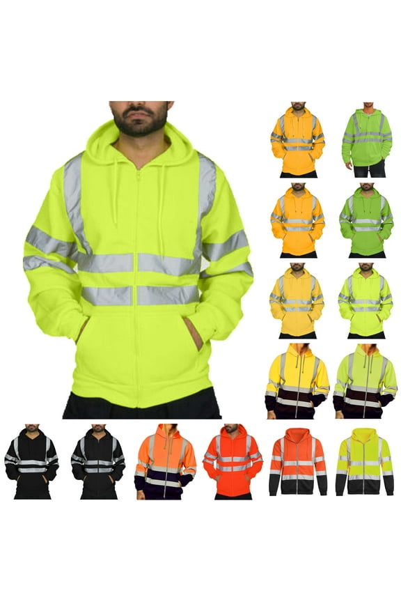 Mens High Visibility Jackets Lightweight Zip Up Hoodies Hi-Vis Safety Hoodie Drawstring Pullover Sweatshirt Reflective Construction Work Jacket with Pockets Ofertas Flash Black L