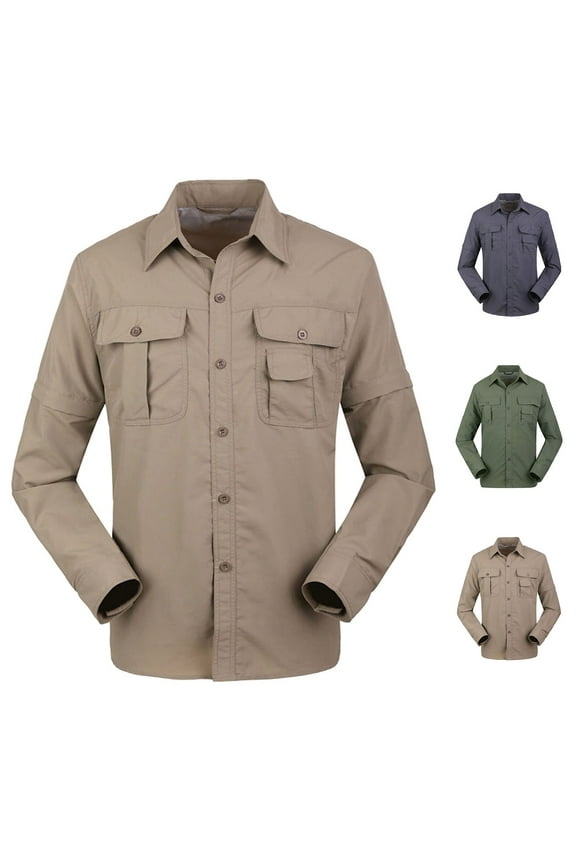 Mens Hiking Shirts Long Sleeve Button Down Shirts Solid Nylon Shirts Outdoor Lightweight Waterproof Breathable Fishing Shirts Khaki XL