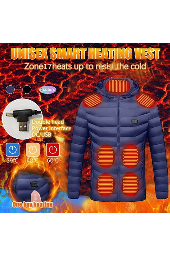Mens Hooded Heated Jacket USB Electric Heating Coat Puffer Winter Lightweight Windproof Heated Jacket with 17 Heating Zones 50 Percent off Blue XXXXL