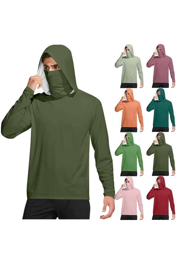 Mens Hooded Swim Shirts UPF 50+ Long Sleeve Sun Protection Hoodies Plus Size Rash Guard Running Hiking UV Shirt with Mask Army Green L