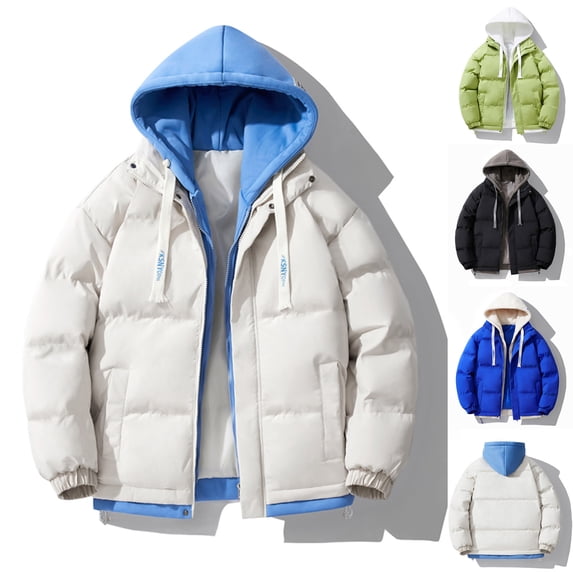 BiZtdJrK Mens Hoodie Puffer Jacket Fake Two Piece Long Sleeve Zipper Quilted Jackets Color Block Drawstring Fashion Winter Hooded Coats with Pockets Khaki XL