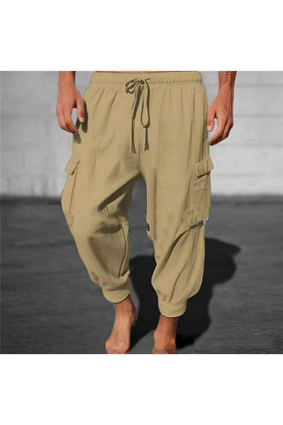 Mens Joggers Sports Cargo Pants Elastic Waist Drawstring Straight Leg Pants Outdoor Lightweight Work Hiking Pants with Pockets Brown M