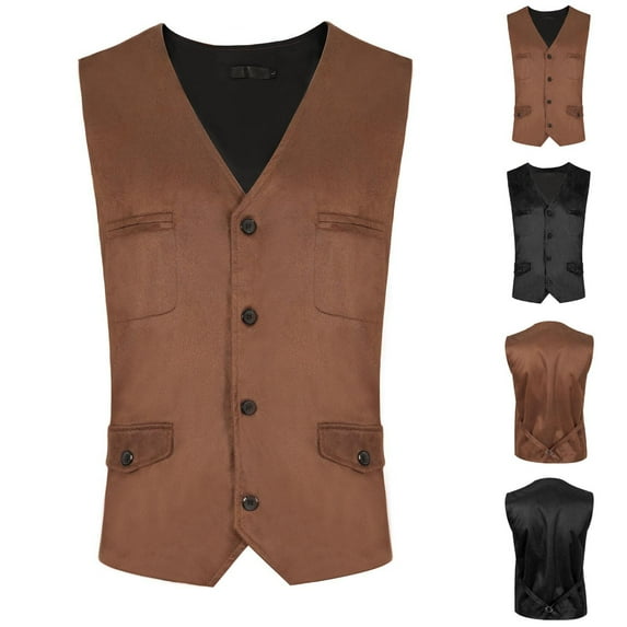 BiZtdJrK Mens Lightweight Dress Vest Vintage Western Formal Vests Solid Color Sleeveless Slim Fit Waistcoat with Pockets, Brown, L