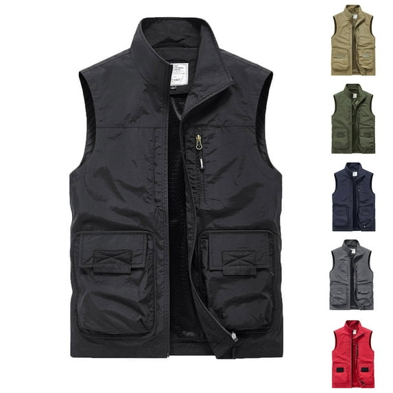 BiZtdJrK Mens Lightweight Vest Casual Stand Collar Sleeveless Cargo Vests Outdoor Workwear Jacket for Travel Hiking Golf with Multi Pockets Fall Savings Red M
