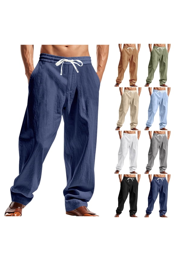 BiZtdJrK Mens Linen Pants Casual Summer Beach Pants Elastic Waist Drawstring Lightweight Vacation Trousers with Pockets, Khaki, M
