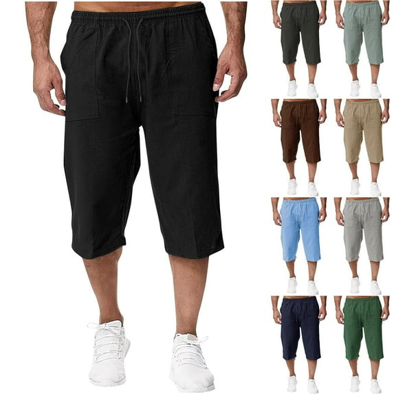 BiZtdJrK Mens Linen Shorts Summer Casual Drawstring Beach Yoga Shorts Solid Color Loose Fit Wide Leg Cropped Trousers with Pockets Dark Gray Sales Today Clearance