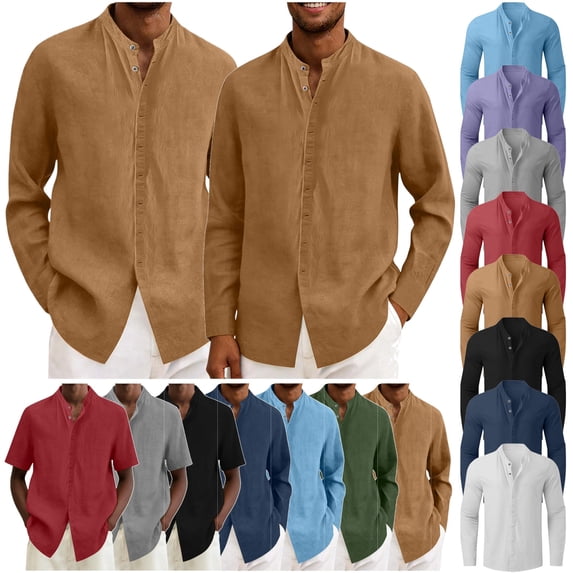 BiZtdJrK Mens Linen Summer Shirts Button Down Stand Collar Long Sleeve Tops Vacation Beach Travel Outfits White XXL