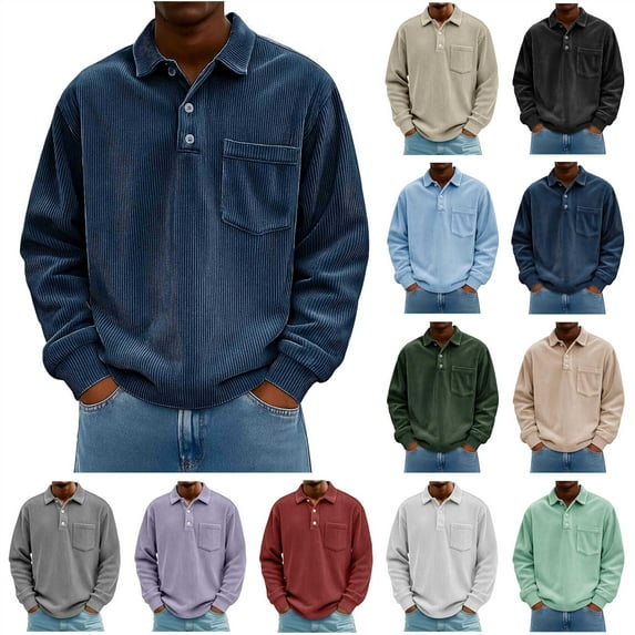 BiZtdJrK Mens Long Sleeve Button Down Polos Shirts Loose Fit Business Casual Tops Solid Color Corduroy Pullover Sweatshirts with Pocket, Purple, M