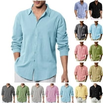 BiZtdJrK Cotton Linen Shirts for Men Business Casual Dress Shirt Long Sleeve Button Down Lapel Work Tops Solid Color Blouse Sky Blue S Today's Sales