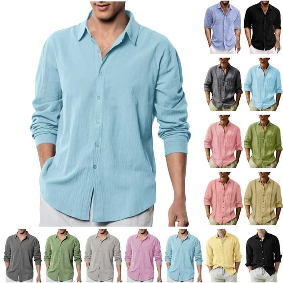 BiZtdJrK Cotton Linen Shirts for Men Business Casual Dress Shirt Long Sleeve Button Down Lapel Work Tops Solid Color Blouse Sky Blue S Today's Sales