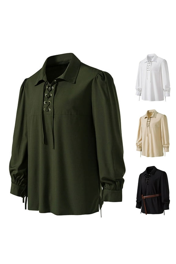 Mens Long Sleeve Lace Up Shirt Medieval Pirate Shirts Retro Renaissance Costume for Viking Steampunk Halloween Cosplay Black L