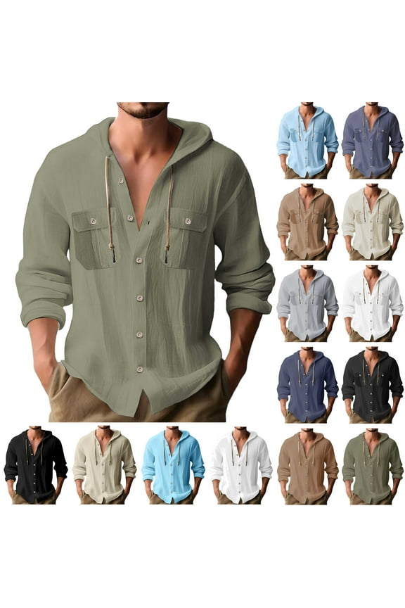 Mens Long Sleeve Linen Shirts Drawstring Hooded Button Down Beach Hippie Shirt Lightweight Soft Solid Color Blouse Tops Beige XXL Back to School Prime Sales