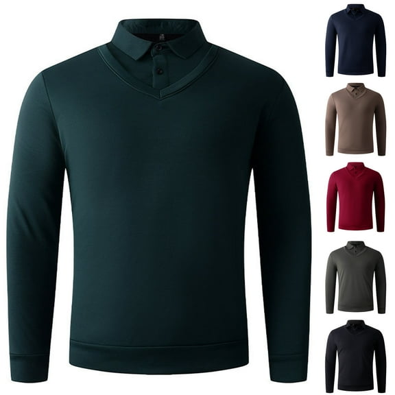 BiZtdJrK Mens Long Sleeve Polos Shirts with Collar 2 in 1 Tops Solid Color Business Casual Tops, Black, XL
