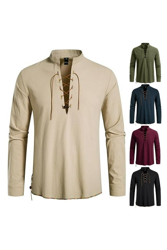 BiZtdJrK Mens Long Sleeve Shirts Lace Up Stand Collar Hippie Clothes Renaissance Pirate Tops Medieval Costume, Army Green, M, Man Gifts for Birthday
