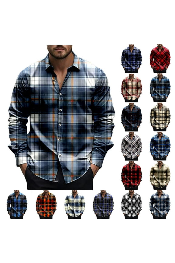 Mens Long Sleeve Shirts Regular Fit Casual Button Down Shirt Fashion Plaid Printed Blouse 2025 Vacation Holiday Tops Navy XL Today Prime Sales