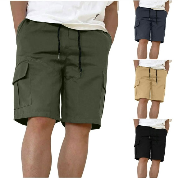 BiZtdJrK Mens Loose Cargo Shorts Drawstring Waist Solid Casual Shorts Summer Travel Beach Shorts with Multi Pockets on sale and clearance Khaki S