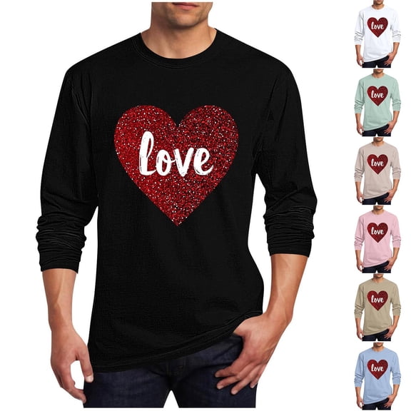 BiZtdJrK Mens Love Heart T Shirts Oversized Long Sleeve Valentines Holiday Tee Tops Crew Neck Regular Fit Casual Tees Beige XXL