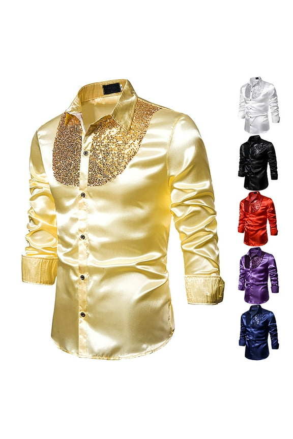 Mens Luxury Dress Shirts Shiny Sequin Design Silk Like Satin Long Sleeve Button Down Shirts Disco Party Prom Shirts Wedding Shirt Black M