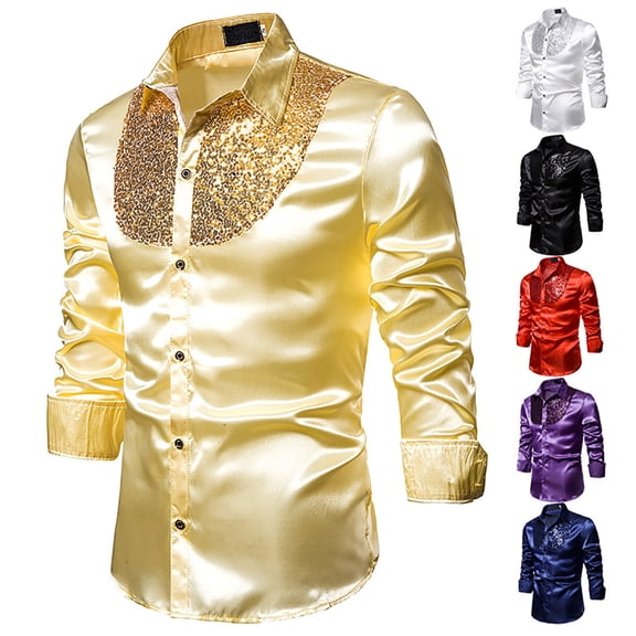 BiZtdJrK Mens Luxury Dress Shirts Shiny Sequin Design Silk Like Satin Long Sleeve Button Down Shirts Disco Party Prom Shirts Wedding Shirt Prime Big Deal Days Red XXL