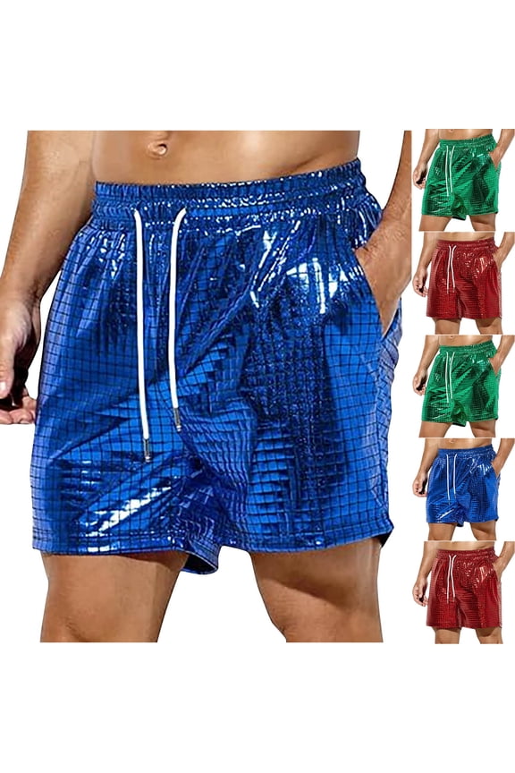 Mens Metallic Holographic Shorts Shiny Party Clubwear Shorts Drawstring High Waist Rave Short Pants with Pockets Red L