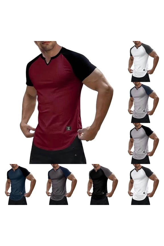 Mens Muscle Slim T Shirts Ribbed Knit V Neck Longline Henley Shirt Raglan Short Sleeve Gym Workout Athletic Tee Tops Red L
