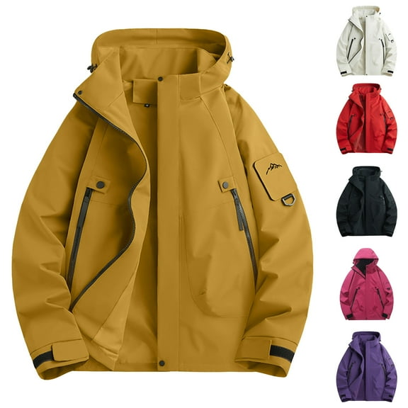 BiZtdJrK Mens Outdoor Waterproof Windproof Hooded Raincoat Lightweight Athletic Hiking Cycling Camping Fishing Rain Jacket with Pockets, Yellow, L