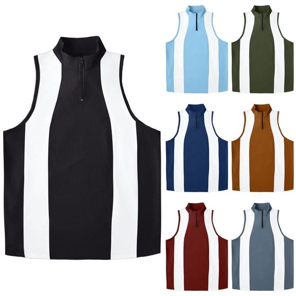 BiZtdJrK Mens Patchwork Contrast Zipper Vest Sleeveless Stand Collar Tanks Casual Moisture Wicking Workout Tops, Orange, XL