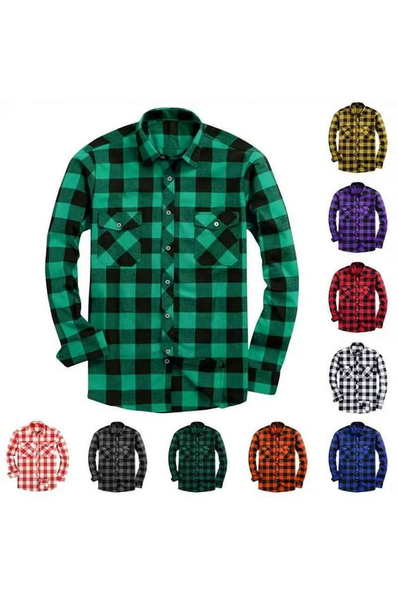 Mens Plaid Flannel Shirts Long Sleeve Button Down Buffalo Shirt Casual Regular Fit Lapel Shirt Jacket with Pockets 2025 Fashion Clothes Orange XXXL Clearance Sale