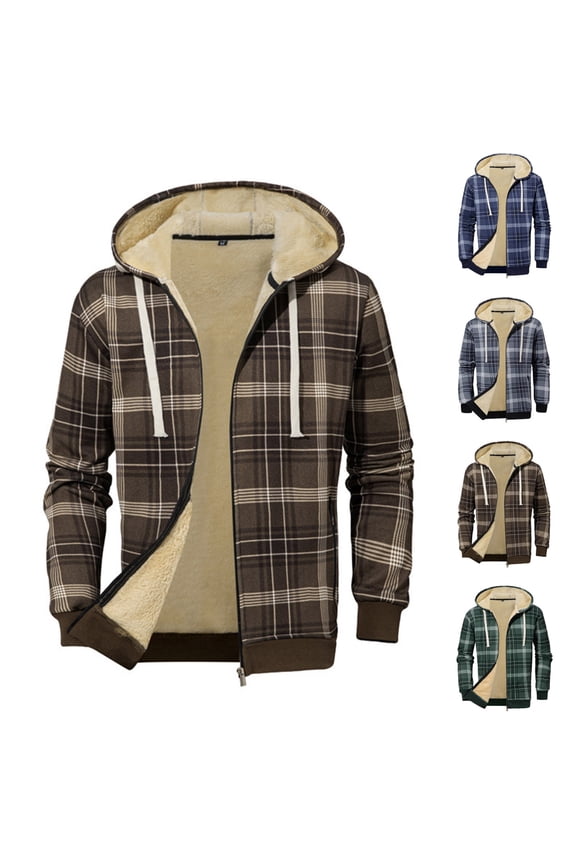 Mens Plaid Fleece Lined Jackets Drawstring Zip Up Long Sleeve Thermal Winter Hooded Jacket Fashion Street Hoodie Coats Blue S