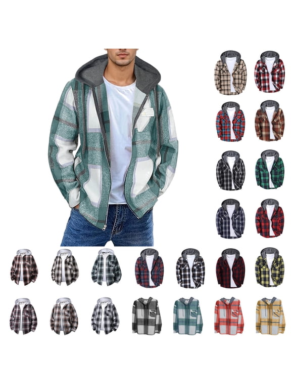 Mens Plaid Full Zip Hoodie Long Sleeve Flannel Shirt Jacket Drawstring Comfy Hooded Jackets Fashion Fall Outerwear with Chest Pockets Green S