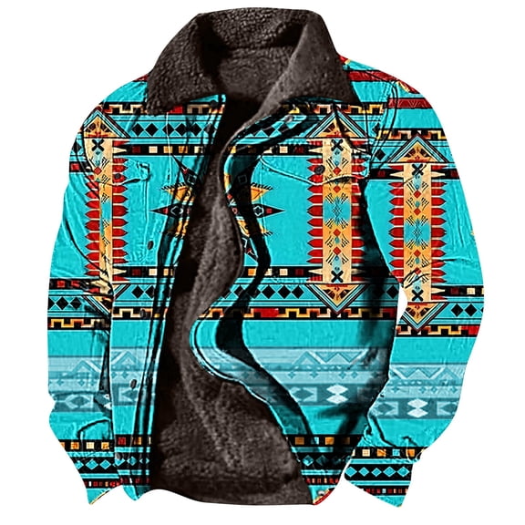 BiZtdJrK Mens Polar Fleece Jackets Winter Warm Sherpa Coats Retro Ethnic Print Casual Long Sleeve Jacket with Pockets Sales For Today On Walmart Sky Blue M