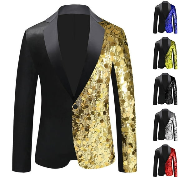 BiZtdJrK Mens Prom Party Blazer Jacket Shiny Sequin Color Block One Button Sport Coats Notched Lapel Glitter Fashion Suit Jackets Yellow M