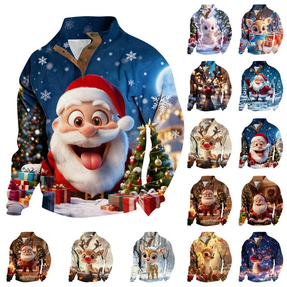 BiZtdJrK Mens Quarter Button Pullover Tops Christmas Sweatshirts Cute Reindeer Graphic Print Long Sleeve Casual Stand Up Collar Shirts, Multicolor, M